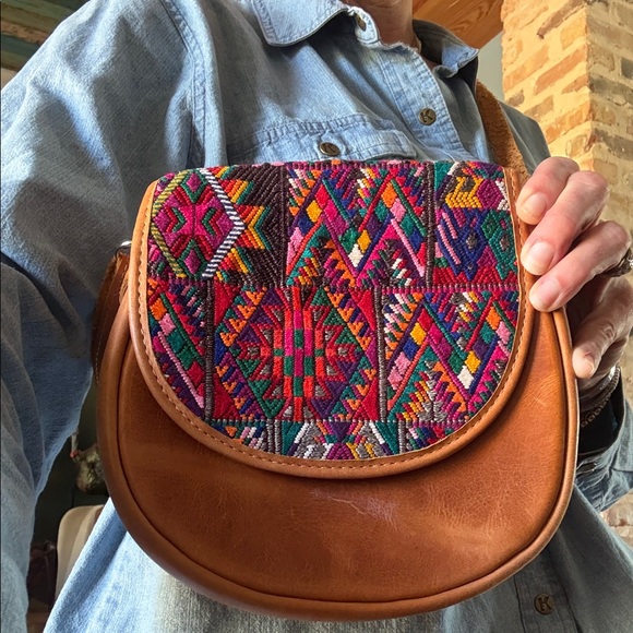 Woven Textile Leather Crossbody Bag Boho Ethnic Southwestern Festival Statement - Picture 3 of 9